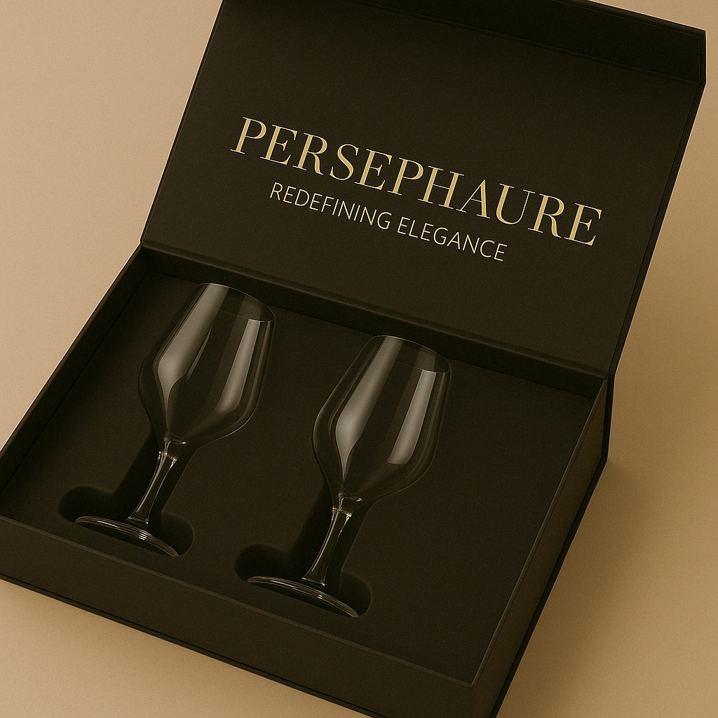 Presentation concept showing two Persephaure wine glasses in a black branded gift box